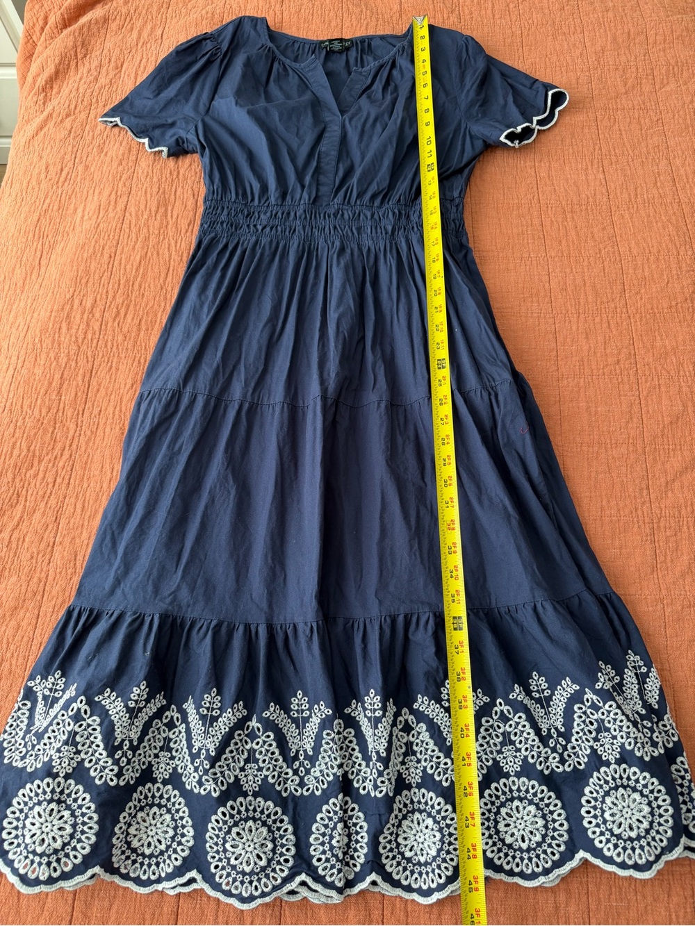 Cynthia Rowley Scalloped-Trim Tiered Maxi Dress L Navy Blue Cottage Coastal Boho - Picture 6 of 10